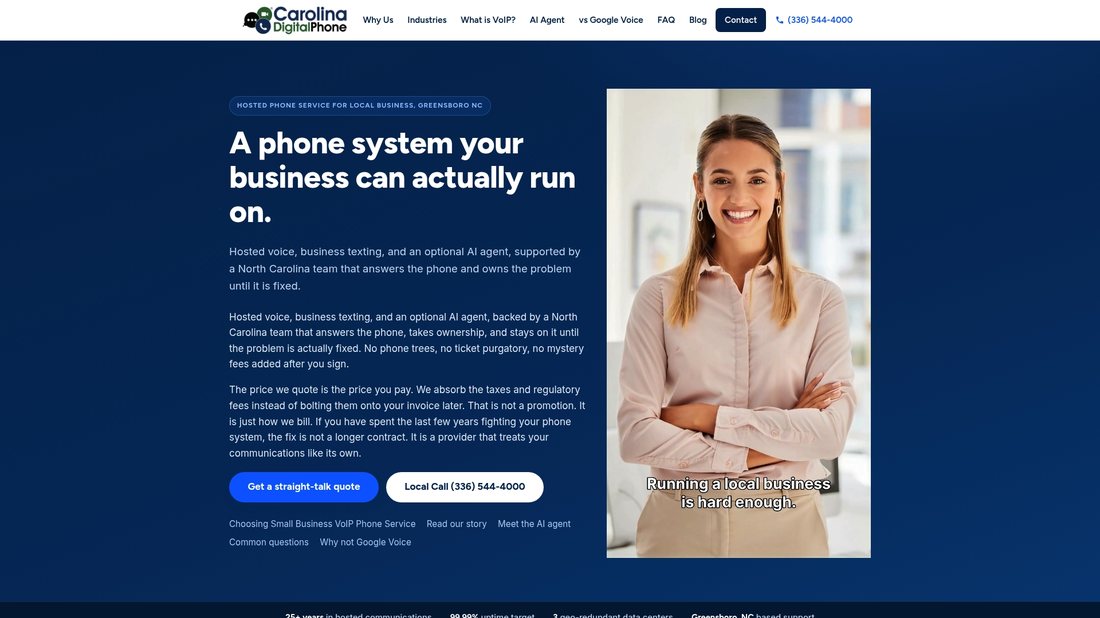 Local Business VoIP website homepage showing Carolina Digital Phone hosted phone service for local business in Greensboro NC