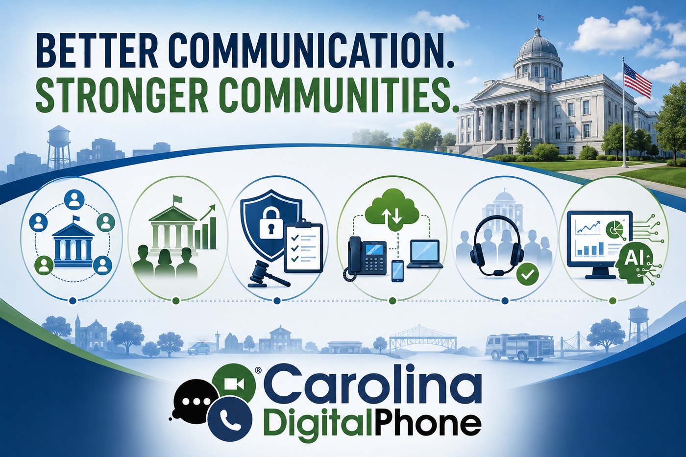 Better Communication Stronger Communities graphic showing government communication capabilities including compliance, security, cloud voice, support, and AI